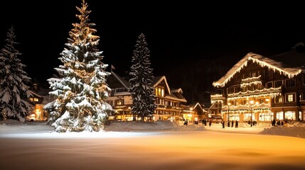 Fototapeta premium A Christmas tree is lit up in a snowy field. The scene is peaceful and serene, with people walking around and enjoying the winter wonderland