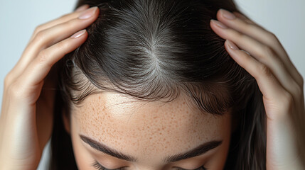 Naklejka premium Hair loss concept; close-up of the woman's hands touching her hair shows signs of thinning and sparse areas on the top of her head