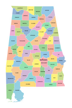 recommend clip art: Alabama, U.S. state, subdivided into 67 counties, multi colored political map with capital Montgomery, borders and county names. State in the Southeastern region of United States. Yellowhammer State.