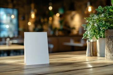 Blank Menu Card Mockup On Wooden Table In Restaurant.