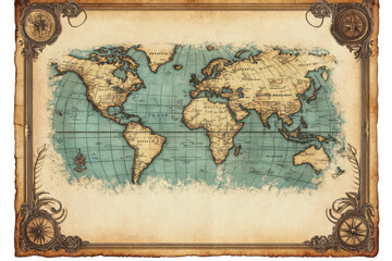Vintage world map with detailed countries transparent background