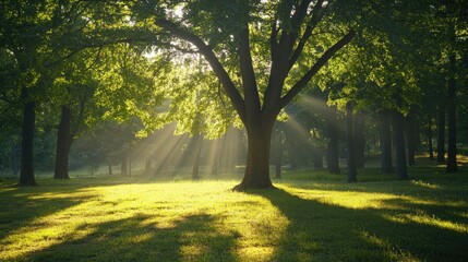 Fototapeta premium tree bathed in sunlight, casting long shadows on the ground in a quiet forest clearing