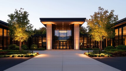 The front of a building with a large glass entrance. The building is lit up at night