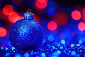 Fototapeta premium Sparkling blue Christmas ornament with festive bokeh background