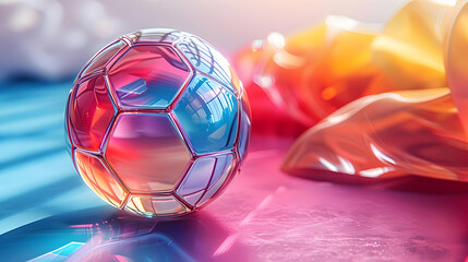 Naklejka premium 3D Render of a Shiny Metallic Soccer Ball on a Vibrant Background