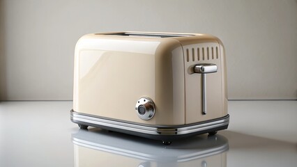 Beige retro toaster standing on a wooden surface with a dark grey background