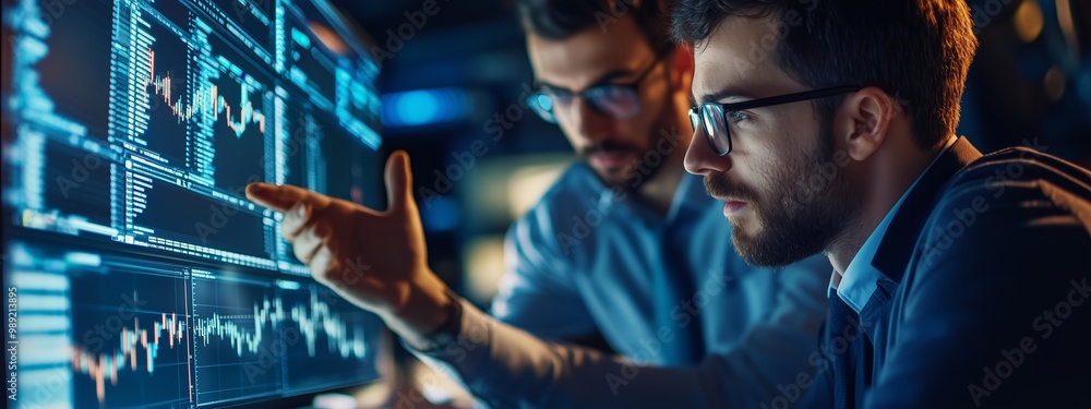 Poster two professionals analyzing data on multiple computer screens in a modern office setting at night