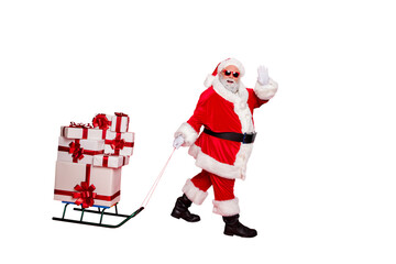 Full length body size profile side view of nice cheerful cheery fat bearded man delivering carrying...