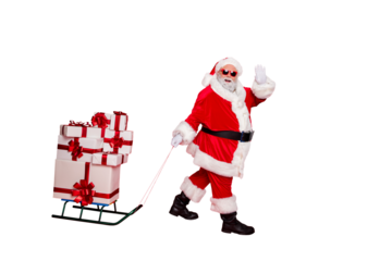 Full length body size profile side view of nice cheerful cheery fat bearded man delivering carrying many different purchases shop delivery congrats isolated on bright vivid shine red background