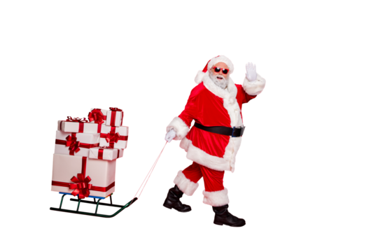 Full length body size profile side view of nice cheerful cheery fat bearded man delivering carrying many different purchases shop delivery congrats isolated on bright vivid shine red background