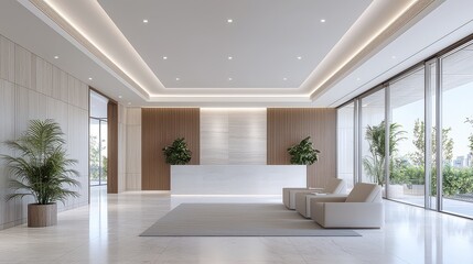 A large open room with a white counter and two chairs. The room is filled with plants and has a modern, clean look