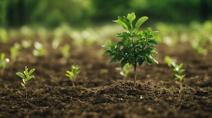 tree in a carbon offset program, surrounded by other young trees, symbolizing sustainable growth and environmental restoration