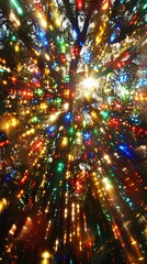 Naklejka premium Light aberration, vibrant abstract depiction of multicolored lights bursting through tree canopy, capturing essence of light diffraction in nature. wonder and beauty of natural light play.