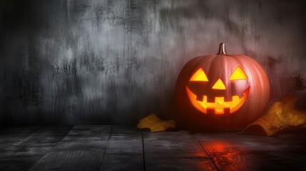 Glowing Halloween pumpkin placed on a dark wooden table, creating an eerie atmosphere against a plain wall. The carved jack-o'-lantern, illuminated from within, casts a warm light, perfect for Hallowe