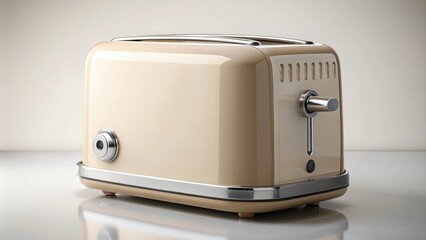 Beige retro toaster standing on a wooden surface with a dark grey background