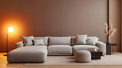 Cozy and Inviting Modern Living Room with Comfortable Sectional Sofa Minimalist Stylish Decor Warm Lighting and Clean Lines in a Mid Century Modern Style