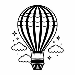 Naklejka premium Black and white hot air balloon flying against white clouds with copy space