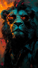 Obraz premium A cool lion wearing sunglasses stares intensely at the camera.