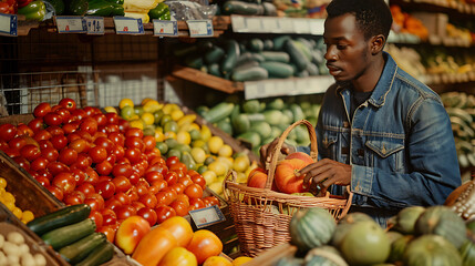 A close-up of a happy, stylish young man shopping in the fresh produce section of a supermarket, holding a basket while browsing colorful fruits and vegetables displayed in the grocery store.