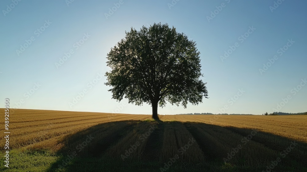 Poster tree in the middle of a field during summer, casting a large shadow under the bright midday sun