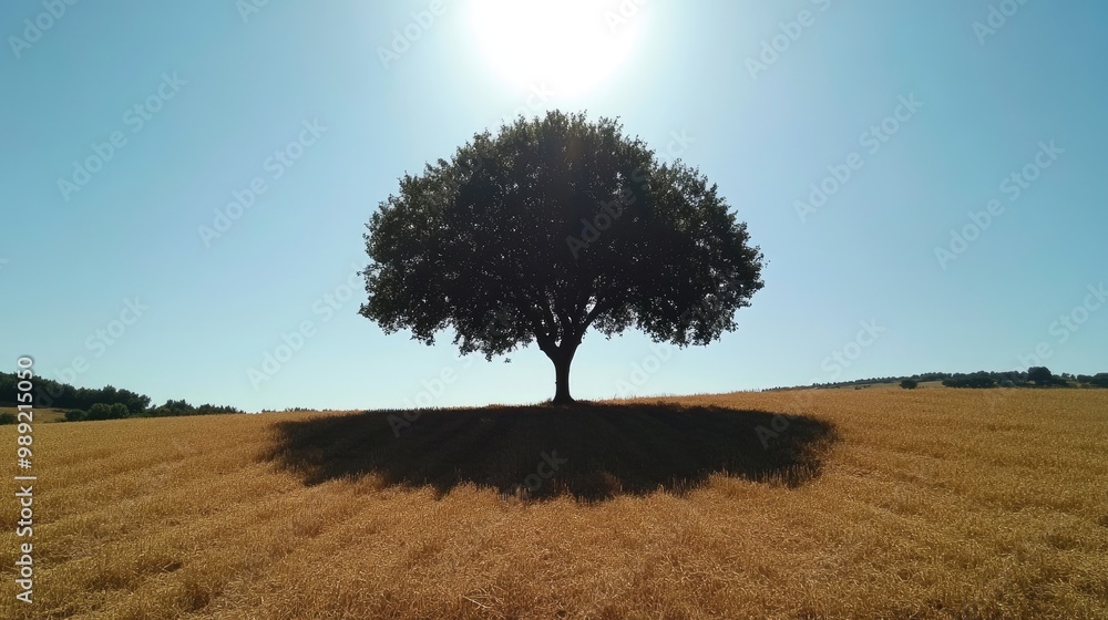 Poster tree in the middle of a field during summer, casting a large shadow under the bright midday sun