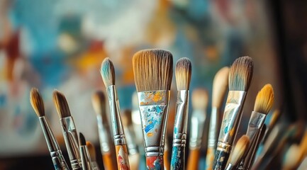 Fototapeta premium A collection of paintbrushes in various sizes and shapes, with one brush standing out as the focal point. 