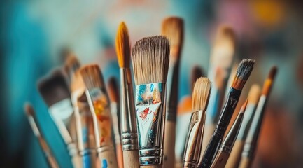 Fototapeta premium A collection of paintbrushes in various sizes and shapes, with one brush standing out as the focal point. 