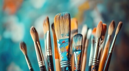 Fototapeta premium A collection of paintbrushes in various sizes and shapes, with one brush standing out as the focal point. 