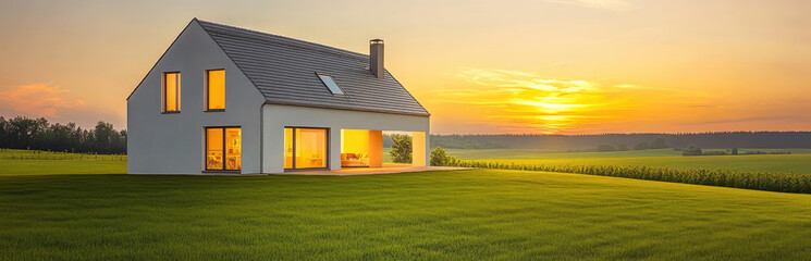 A small two-story house with panoramic windows, white walls, and a gray roof stands on the green...