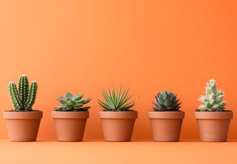 Fototapeta premium Succulents And Cactus In Terracotta Pots Against Orange Wall