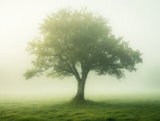 Fototapeta premium tree shrouded in morning mist, with soft light filtering through the haze in a quiet countryside setting