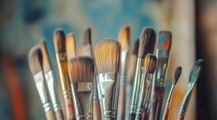 Fototapeta premium A collection of paintbrushes in various sizes and shapes, with one brush standing out as the focal point. 