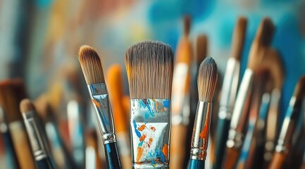 
A collection of paintbrushes in various sizes and shapes, with one brush standing out as the focal point. 
