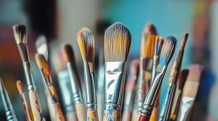 Fototapeta premium A collection of paintbrushes in various sizes and shapes, with one brush standing out as the focal point. 