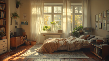 small apartment bedroom design, minimalism style interior, cozy vibes