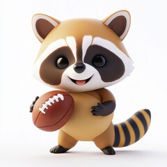 Obraz premium A kawaii 3D raccoon holding a football and smiling, isolated on white