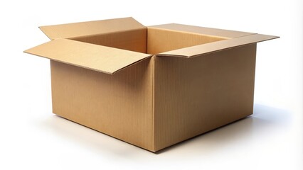 Brown cardboard box resting on a white background with its top flaps open