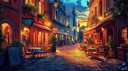 Obraz premium Charming Evening Street in a Cozy City