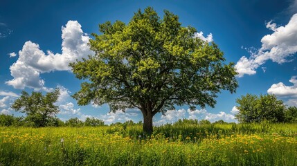 tree surrounded by nature, with tall grass and wildflowers growing at the base, under a bright blue sky