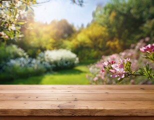 Tabletop against the backdrop of a home garden with flowers