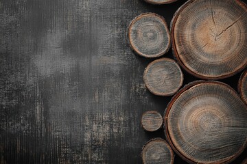 Rustic wooden log slices on dark textured backdrop