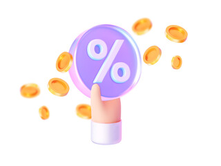 Holographic 3D coin with percentage and gold coins. Vector illustration