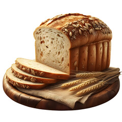 Sliced loaf of whole wheat bread, with visible grains on a transparent background.
