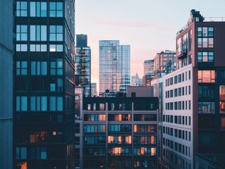 Obraz premium urban architecture with a mix of modern and industrial buildings, captured in soft evening light
