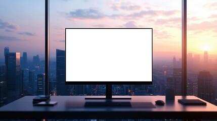 Mockup of modern monitor in front of window overlooking large city, AI-generative