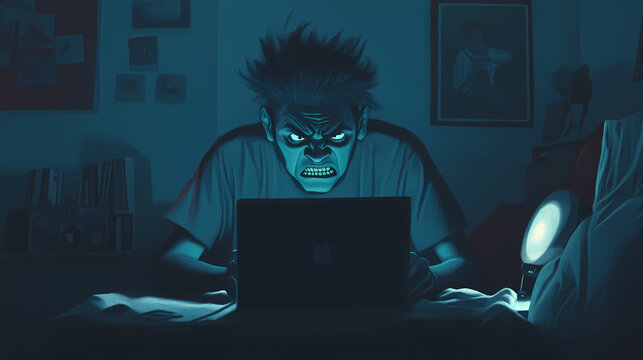 Internet troll - online troll in a dusky bedroom angrily focused on writing hateful comments. Troll. Illustration