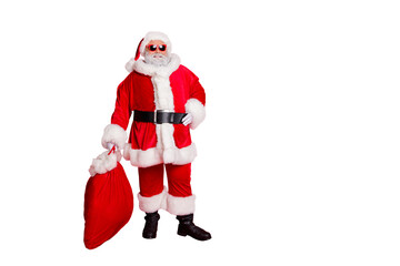 Full length body size view of his he cheerful cheery funky fat overweight plump gray-haired bearded man carrying purchase shop delivery isolated over bright vivid shine red background