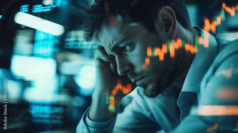 Poster a focused trader analyzing market trends during a volatile financial session in a modern office envi