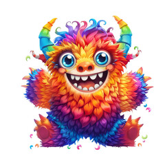 Fototapeta premium A colorful, fluffy monster with a big smile, sitting with its arms outstretched.