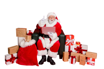 Full body photo of impressed santa claus with eyewear eyeglasses spectacles use device have genius thoughts wearing headwear hat belt isolated over red background